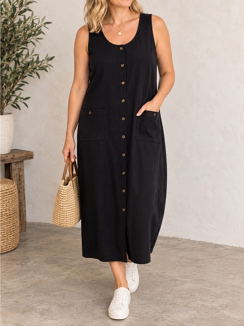 🇨🇦 Vintage Black Button Front Maxi Dress Large Made in Canada Casual Butter Mom